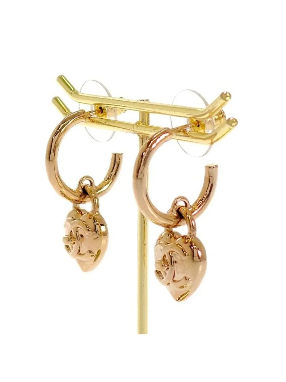 Chanel CC Logo Heart Hoop Earrings Included Metal Gold